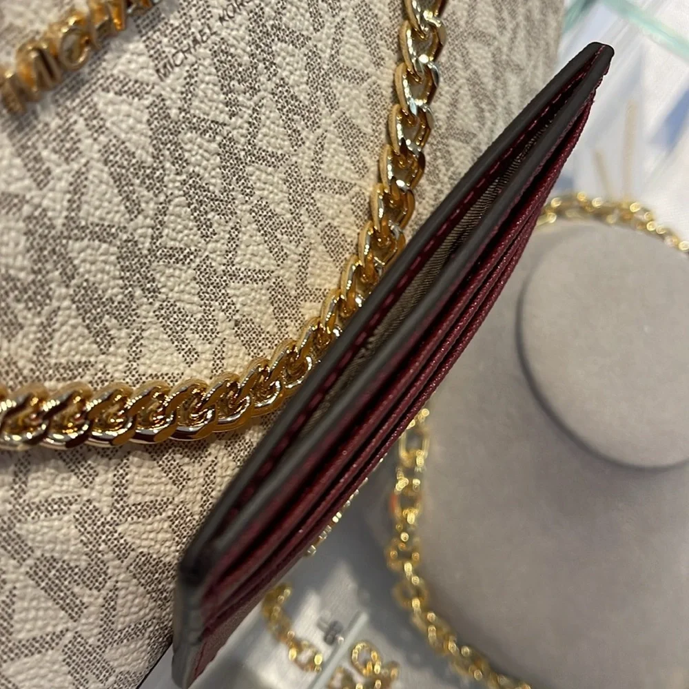 MICHAEL KORS Large Pebbled Leather Card Holder Case Dark Cherry NWT
